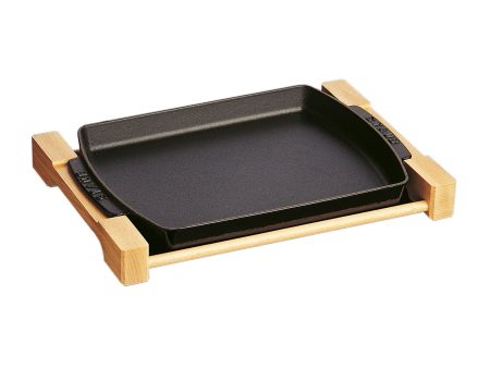 Staub Cast Iron 13 x 9-inch Rectangular Serving Dish with Wood Base - Matte Black Discount